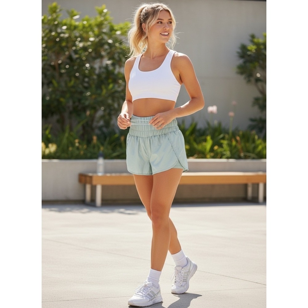 FP Movement The Way Home Smocked Running Shorts Women S Silver High Rise Pull On